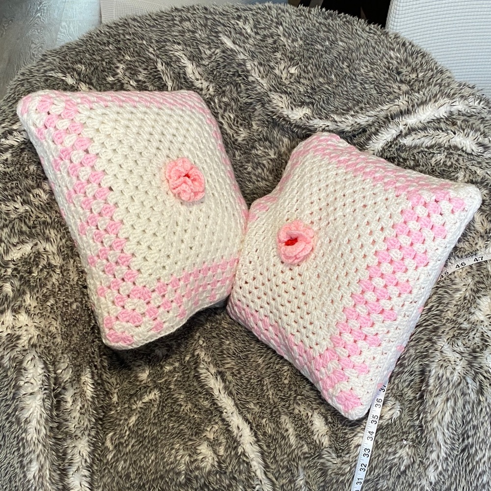 Handmade Crochet Pink and White Throw Pillows